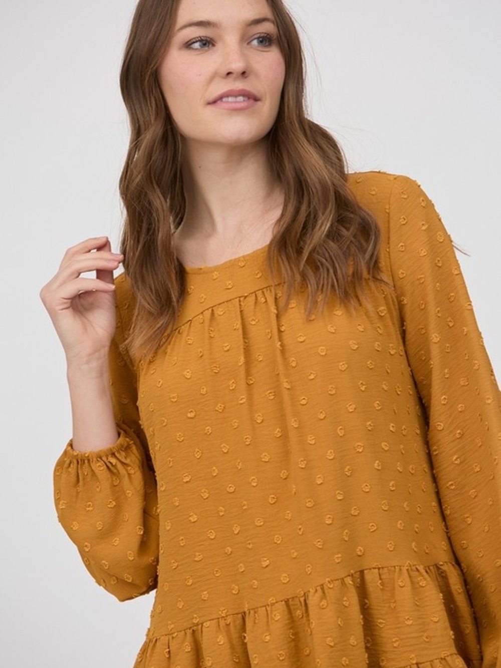 Tea N Rose Dark Mustard Textured Swiss Dot Tiered Long-Sleeve Top - Picture 3 of 5